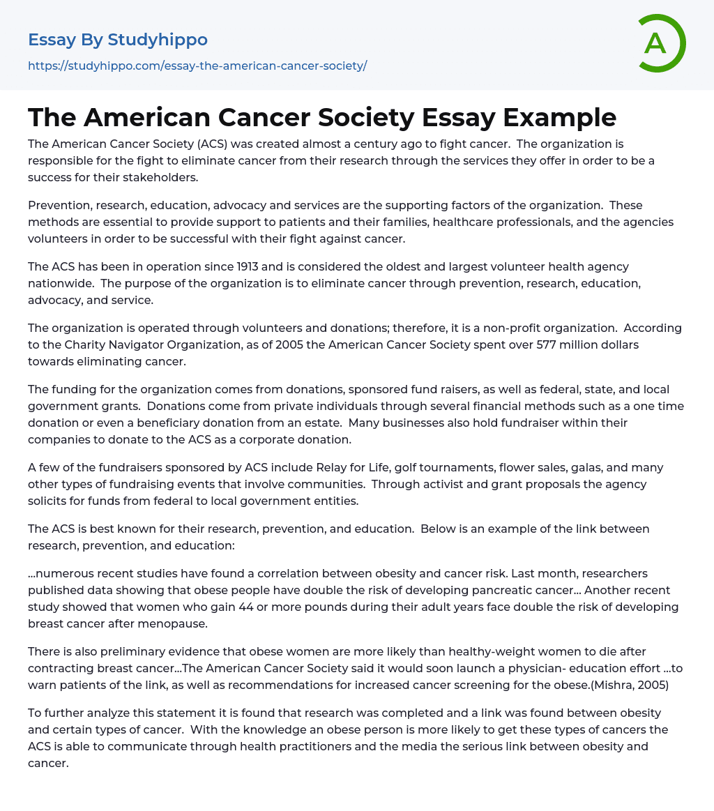 The American Cancer Society Essay Example