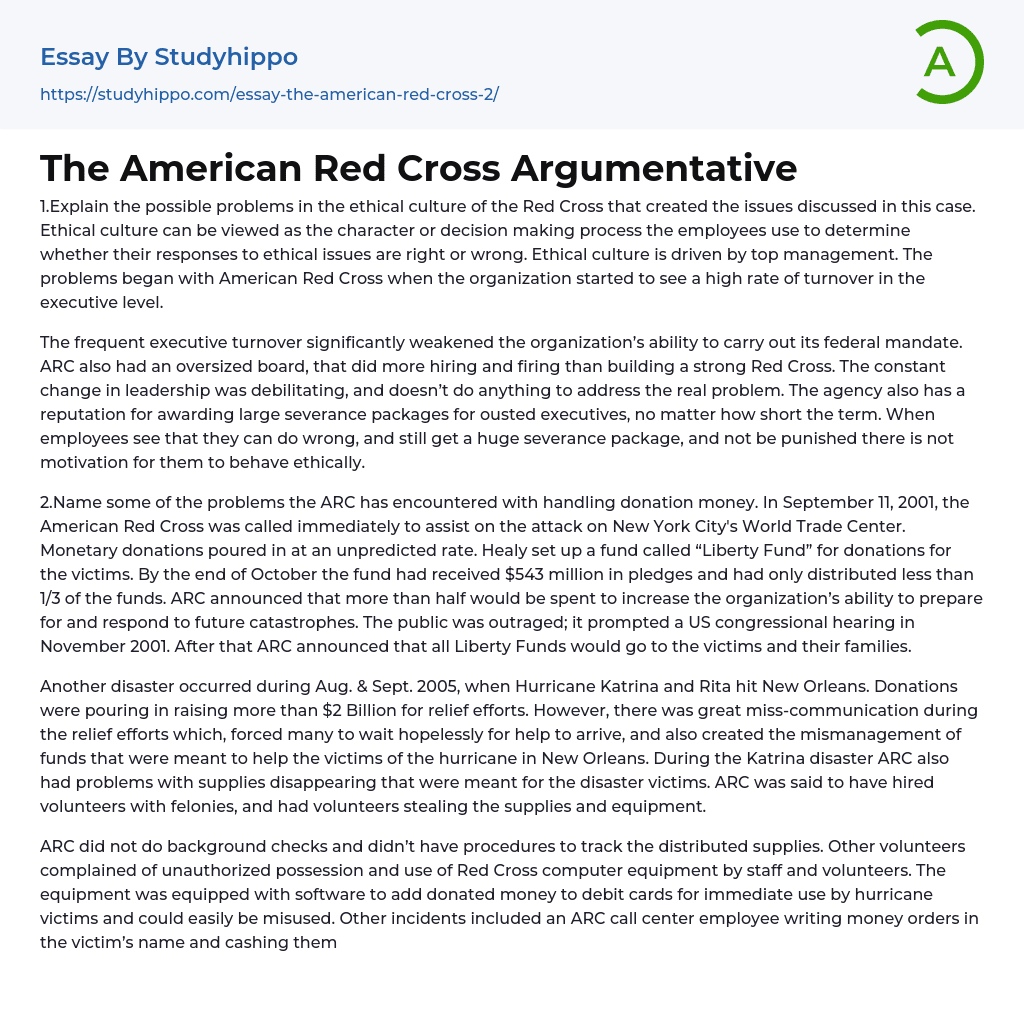 The American Red Cross Argumentative Essay Example