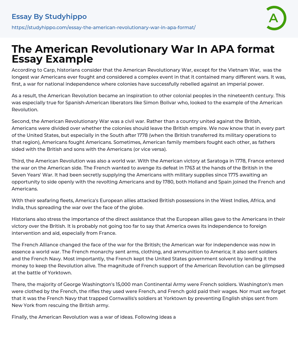 The American Revolutionary War In APA format Essay Example