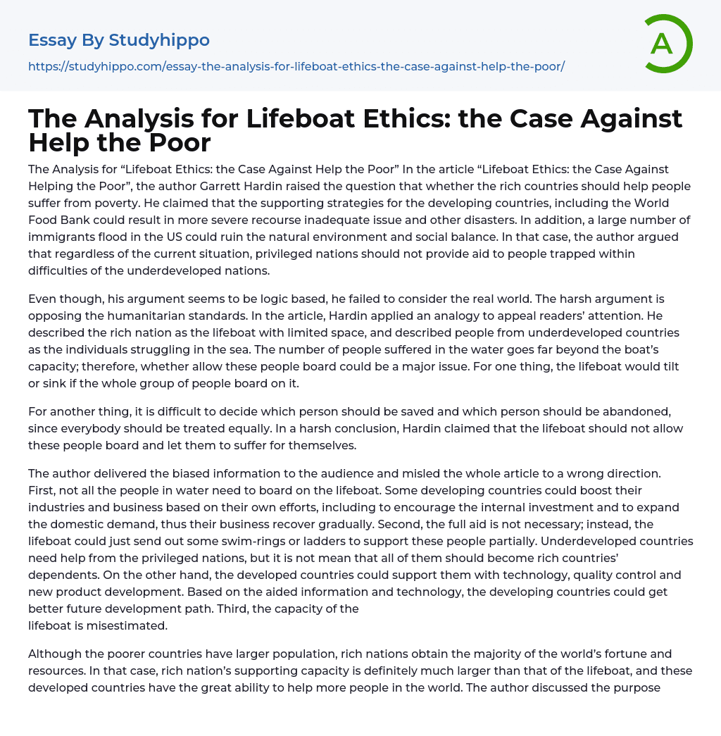 The Analysis for Lifeboat Ethics: the Case Against Help the Poor Essay Example