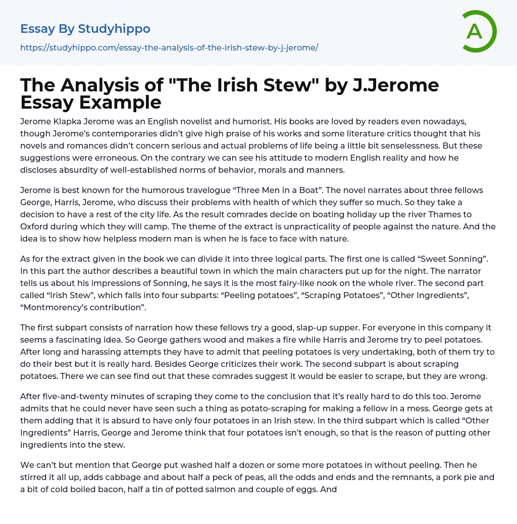 The Analysis of “The Irish Stew” by J.Jerome Essay Example