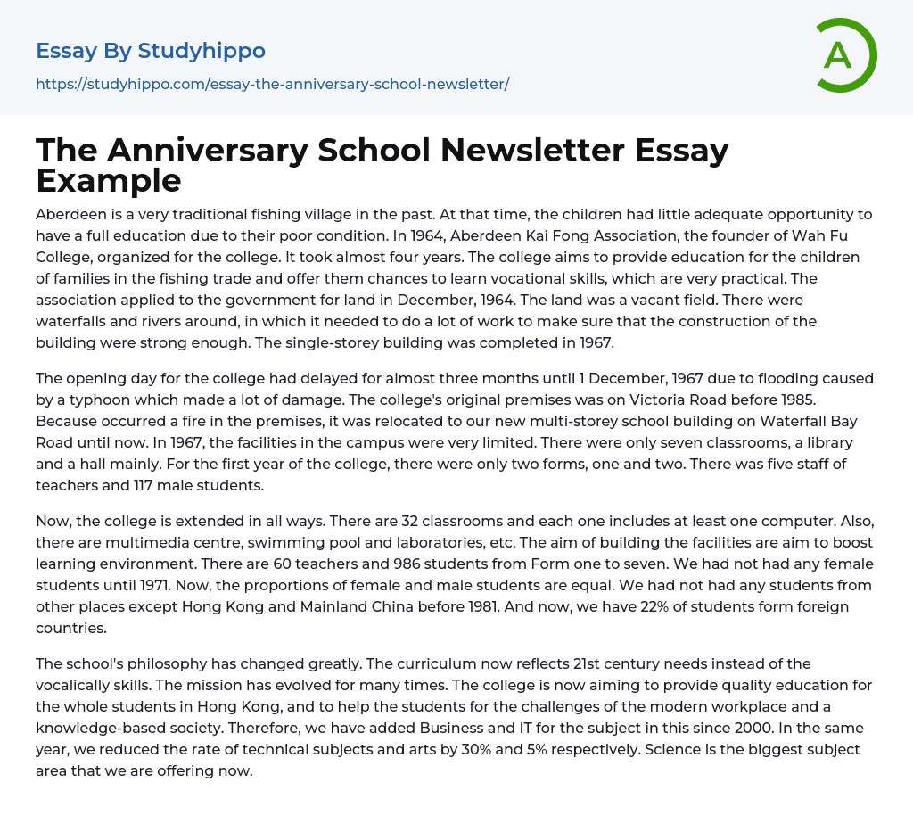 The Anniversary School Newsletter Essay Example