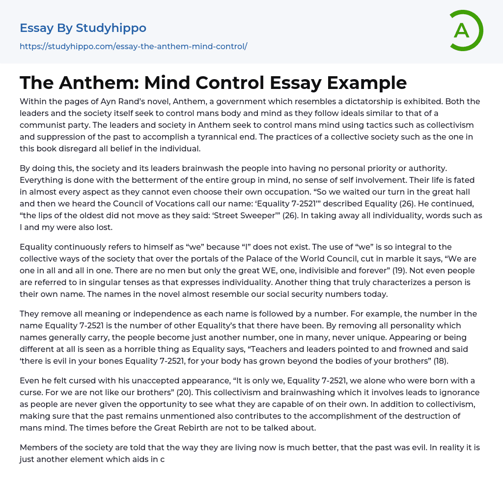 The Anthem: Mind Control Essay Example