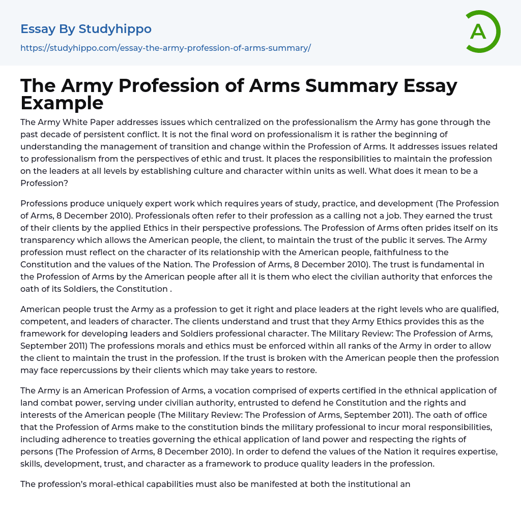 The Army Profession of Arms Summary Essay Example