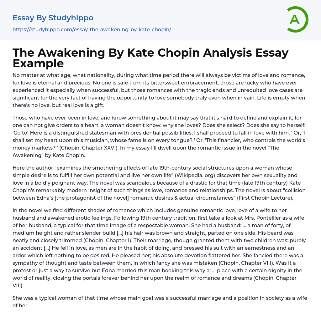 The Awakening By Kate Chopin Analysis Essay Example
