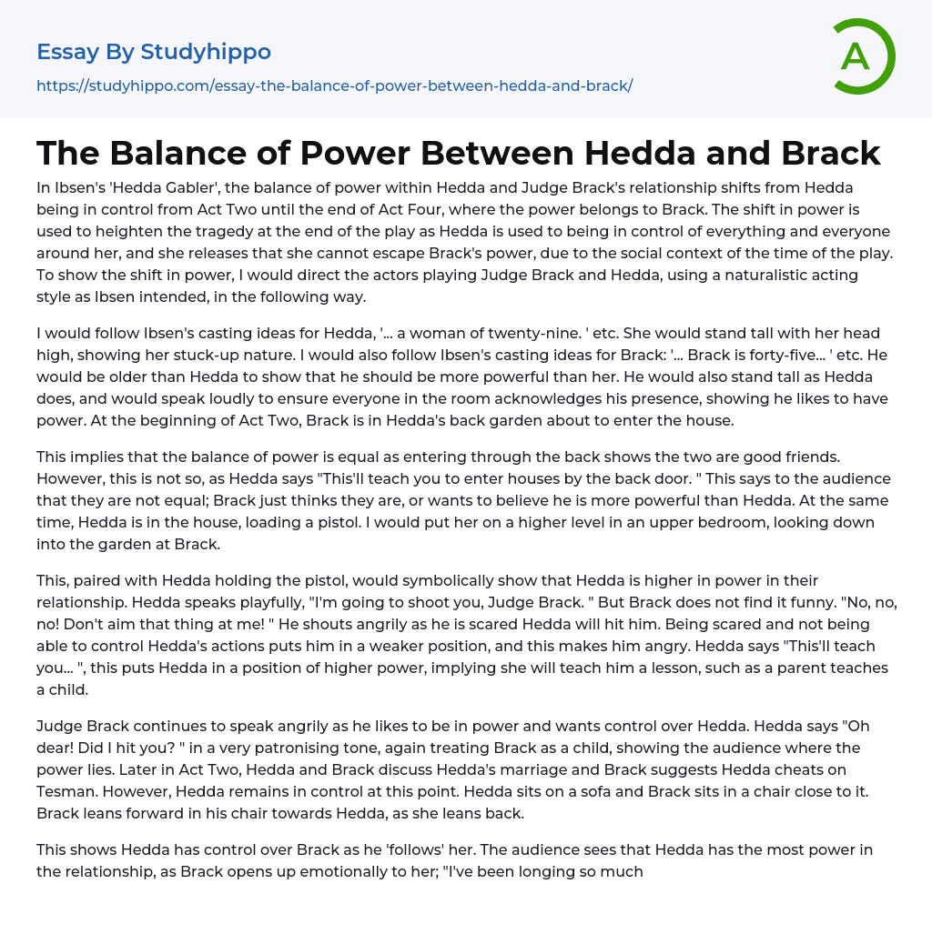 The Balance of Power Between Hedda and Brack Essay Example