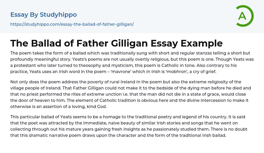 The Ballad of Father Gilligan Essay Example