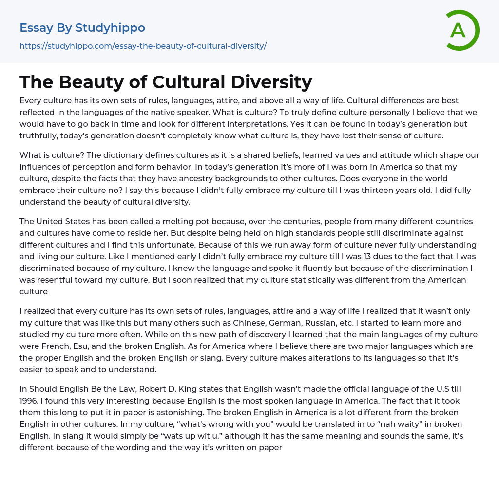 The Beauty of Cultural Diversity Essay Example
