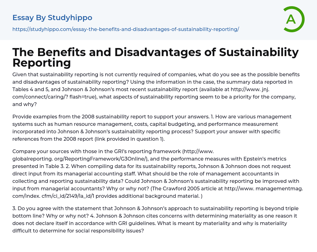 The Benefits and Disadvantages of Sustainability Reporting Essay Example
