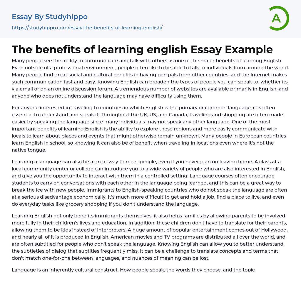 The benefits of learning english Essay Example