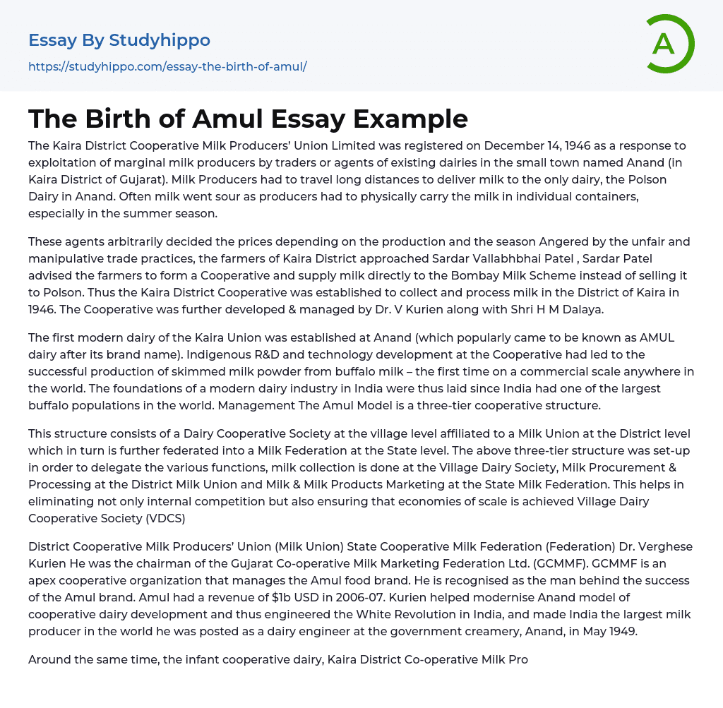 The Birth of Amul Essay Example