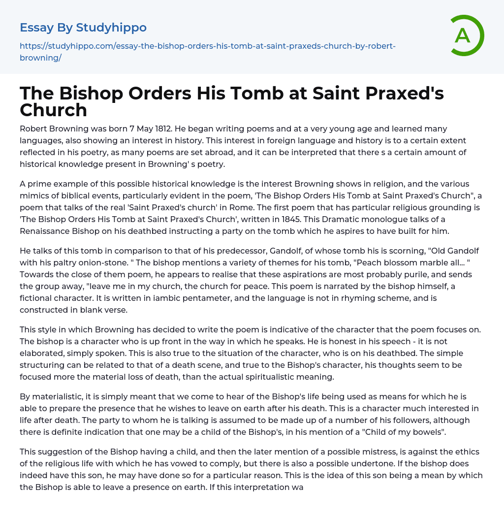 The Bishop Orders His Tomb at Saint Praxed’s Church Essay Example