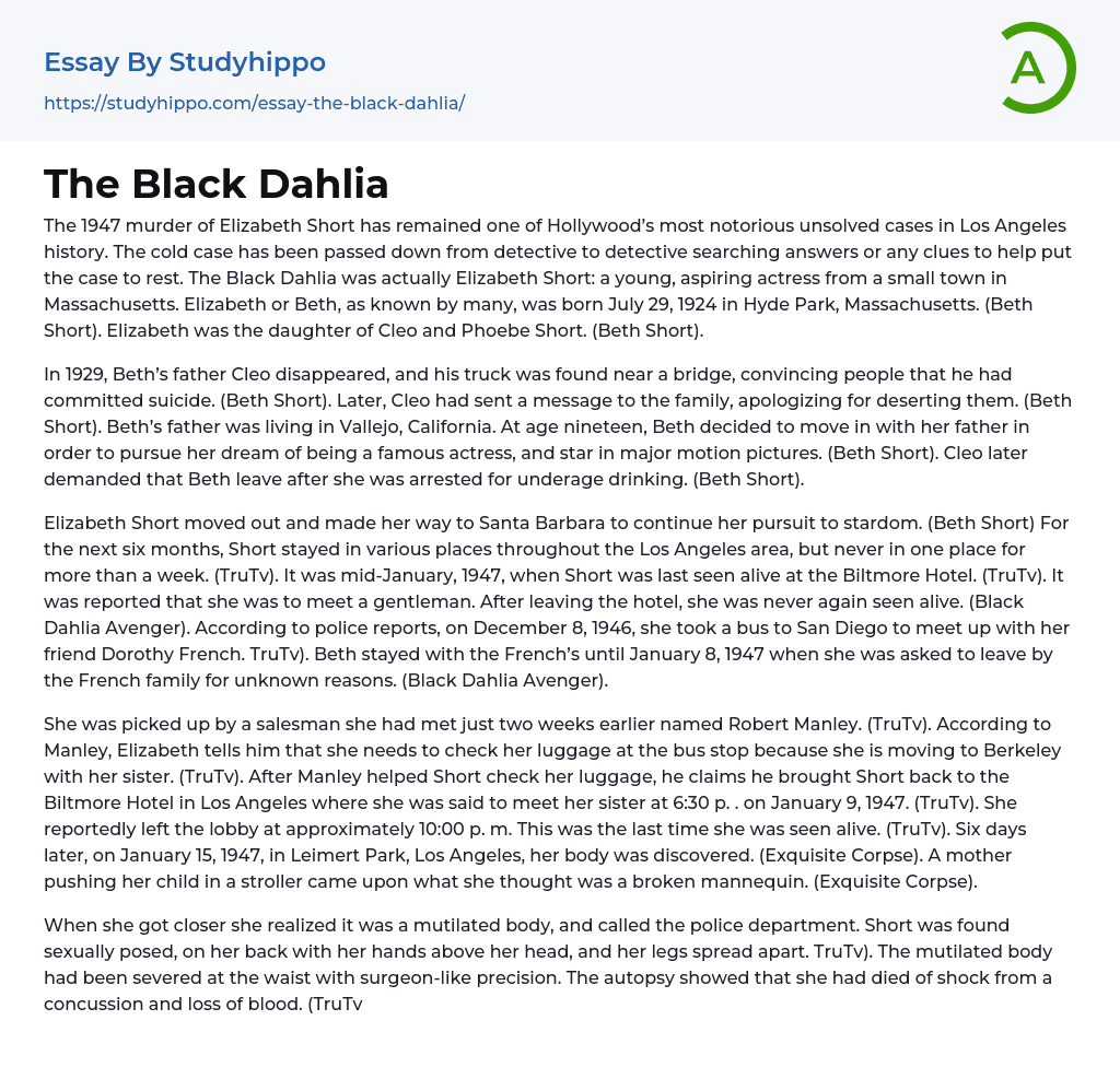 The Black Dahlia Essay Example