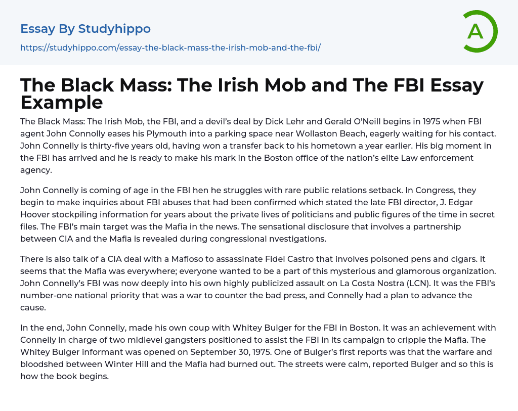 The Black Mass: The Irish Mob and The FBI Essay Example