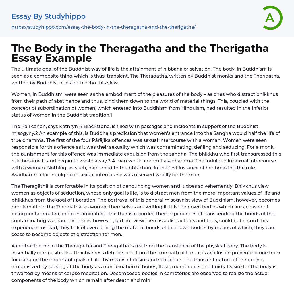 The Body in the Theragatha and the Therigatha Essay Example