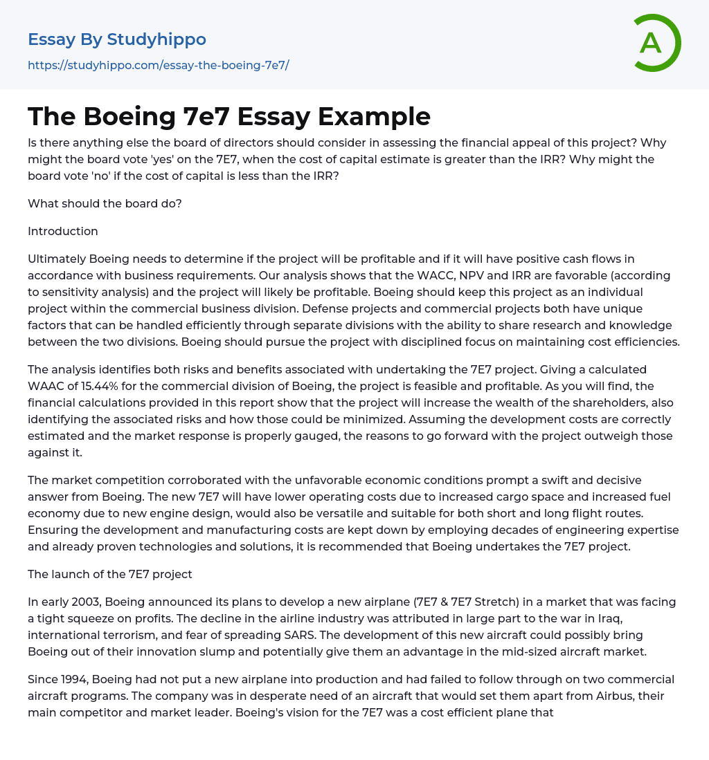 The Boeing 7e7 Essay Example