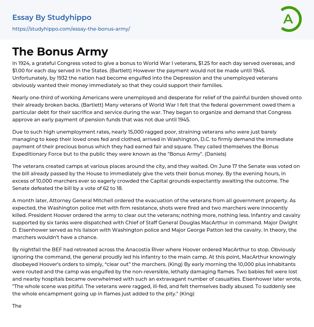 The Bonus Army: Veterans Awards Essay Example