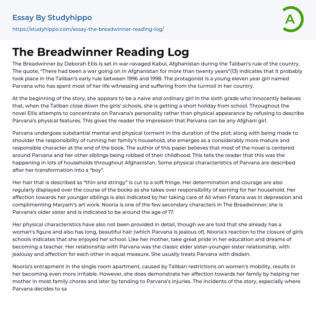 The Breadwinner Reading Log Essay Example