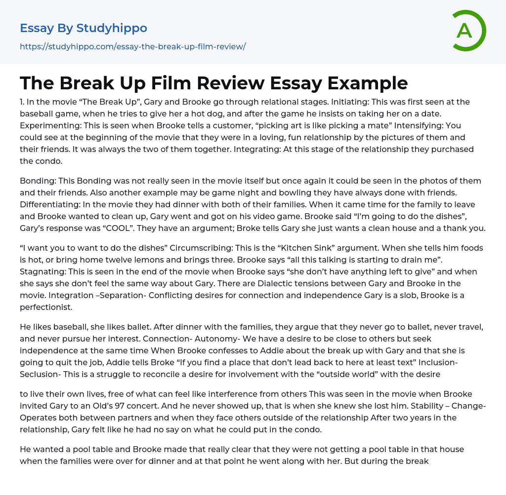 The Break Up Film Review Essay Example