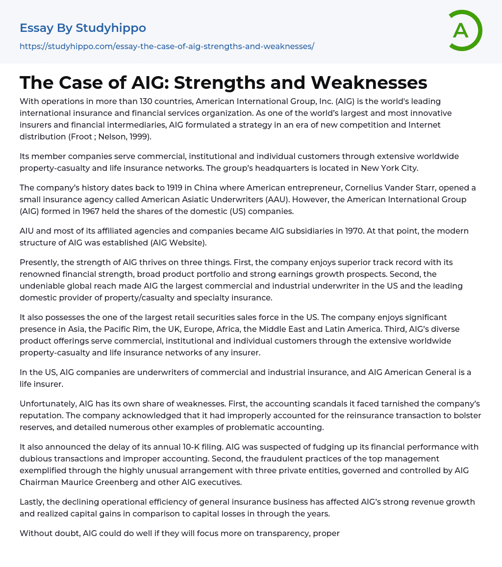 The Case of AIG: Strengths and Weaknesses Essay Example