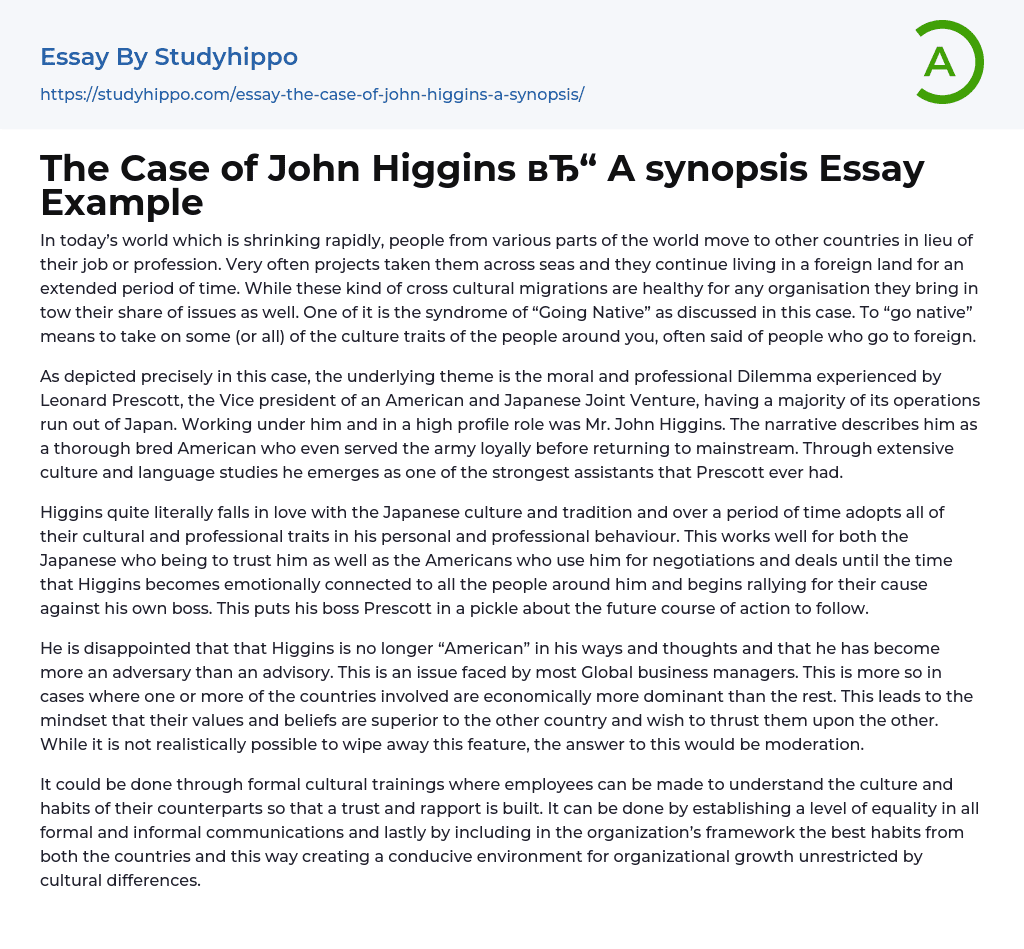 The Case of John Higgins A synopsis Essay Example
