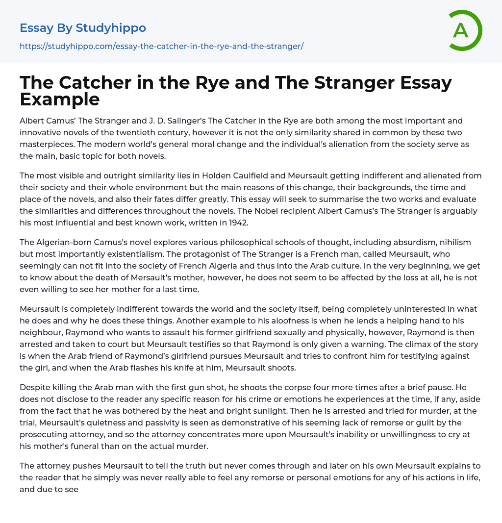 The Catcher in the Rye and The Stranger Essay Example