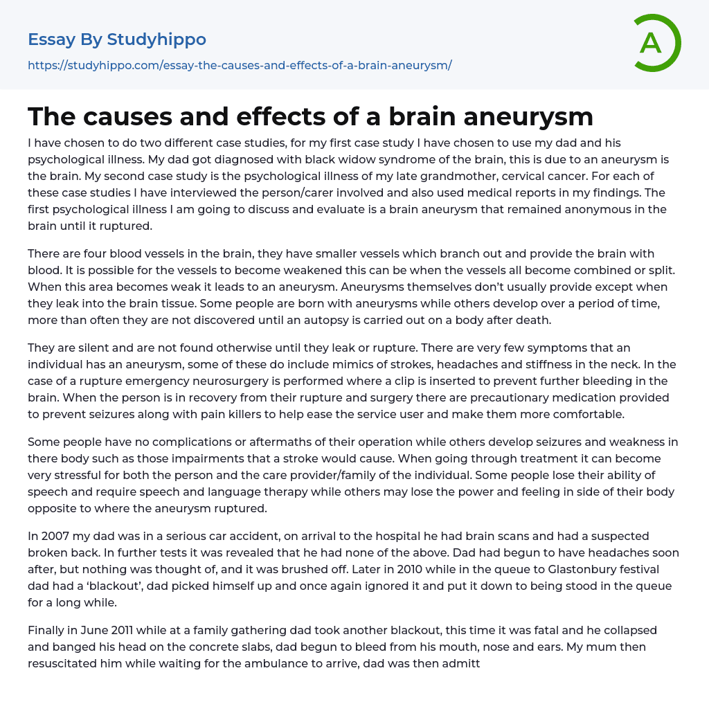 The causes and effects of a brain aneurysm Essay Example