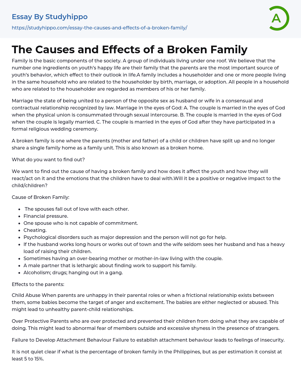 The Causes and Effects of a Broken Family Essay Example
