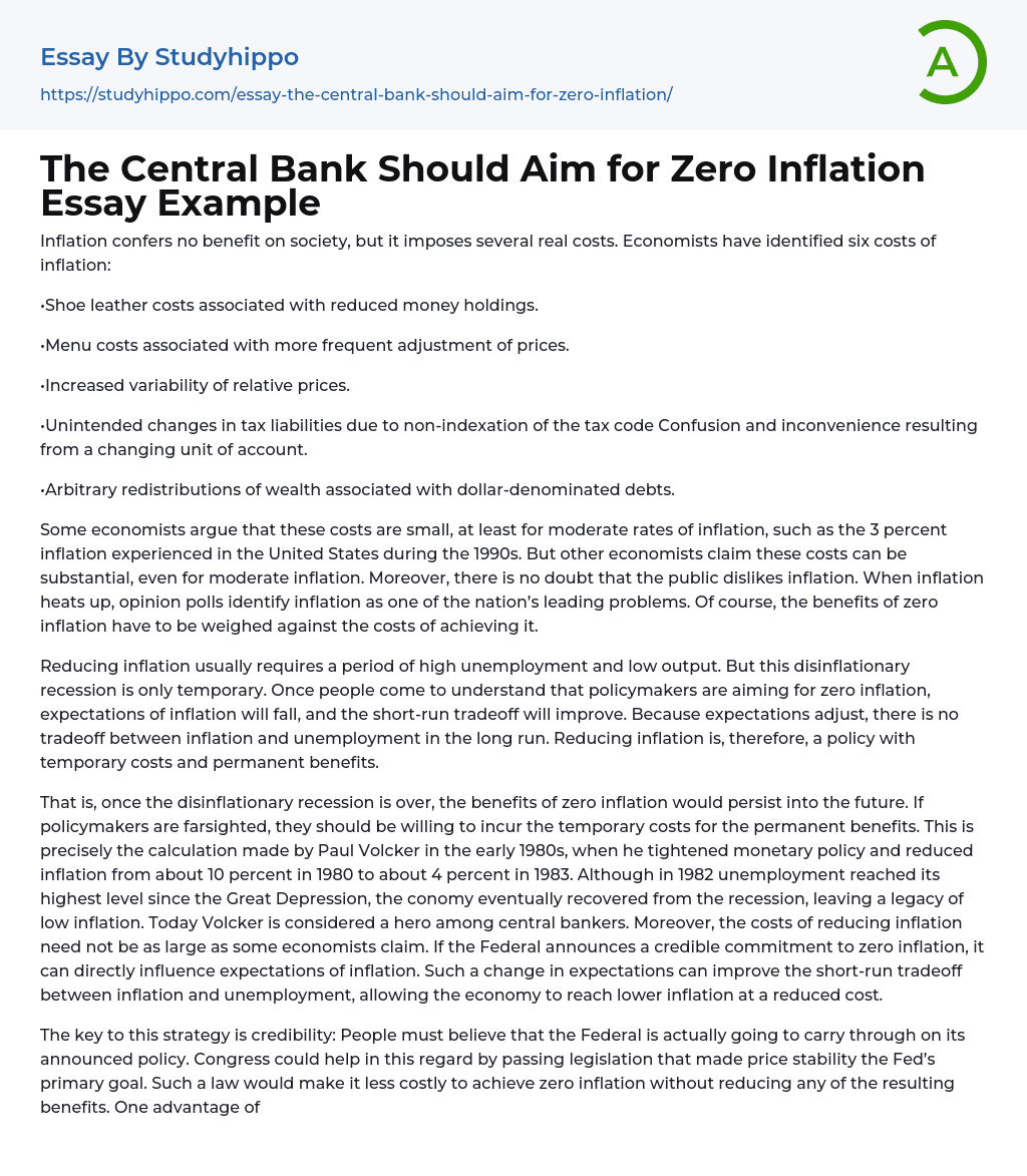 The Central Bank Should Aim for Zero Inflation Essay Example