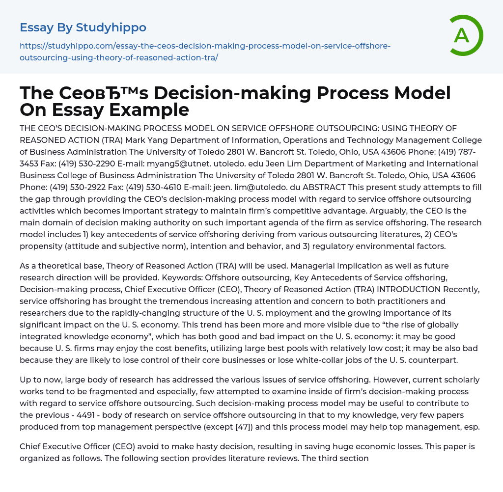 The CEO’s Decision-Making Process Model on Service Offshore Outsourcing Essay Example