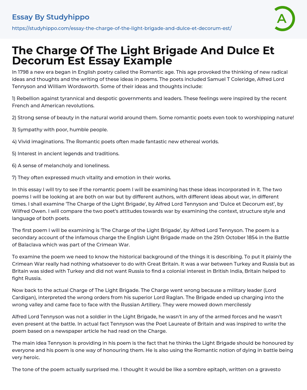 The Charge Of The Light Brigade And Dulce Et Decorum Est Essay Example