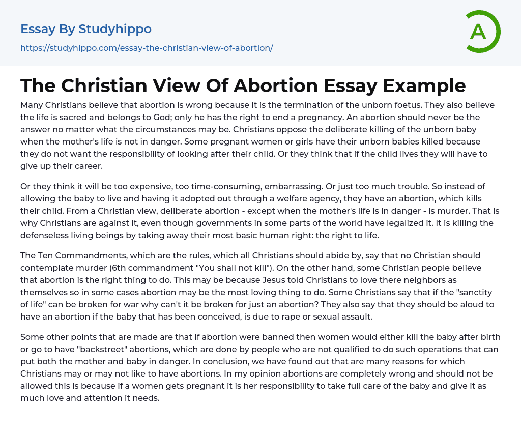 The Christian View Of Abortion Essay Example
