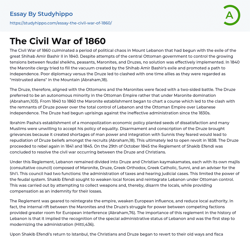 The Civil War of 1860 Essay Example