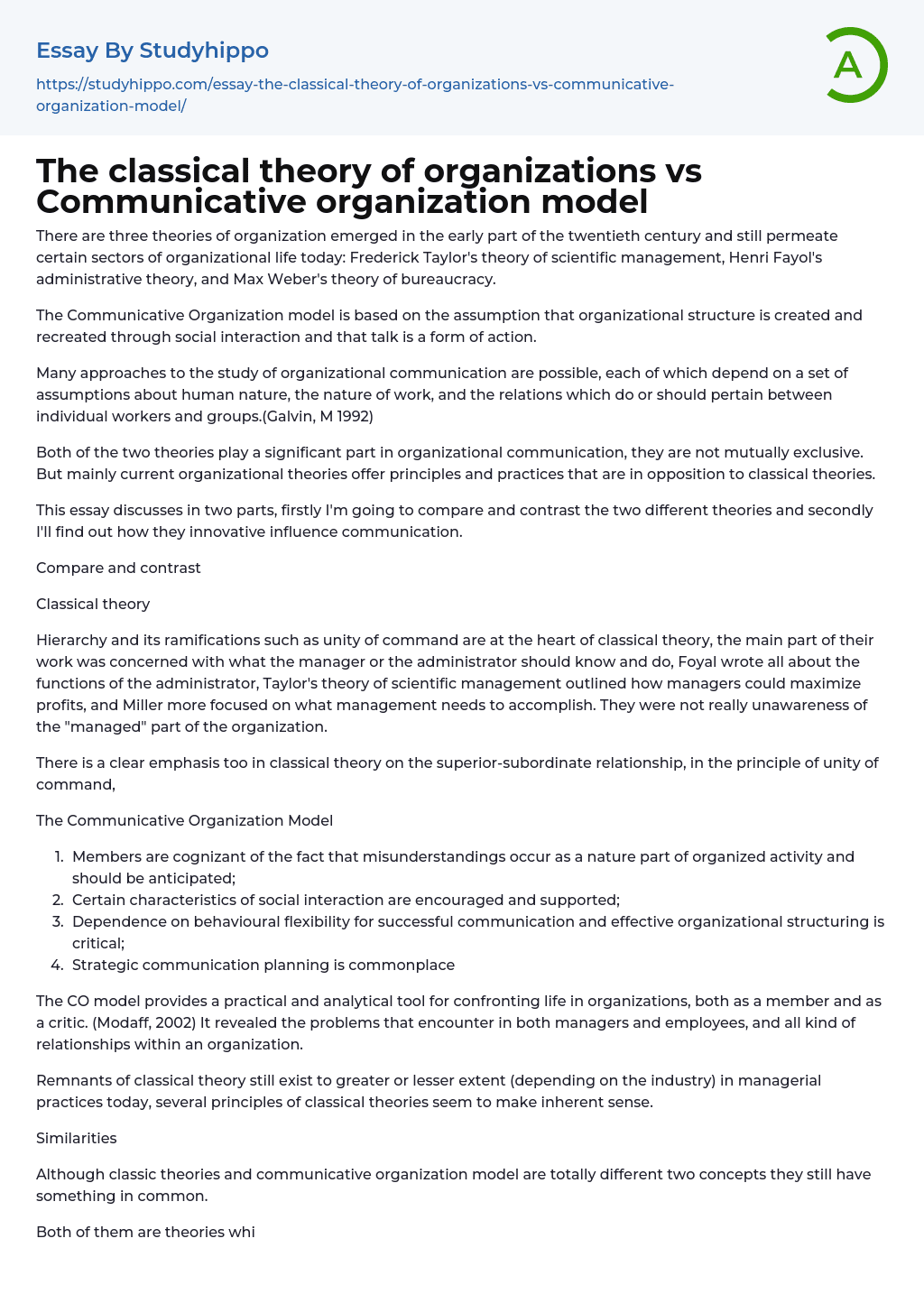 The classical theory of organizations vs Communicative organization model Essay Example
