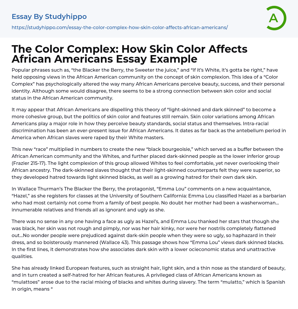 The Color Complex: How Skin Color Affects African Americans Essay Example