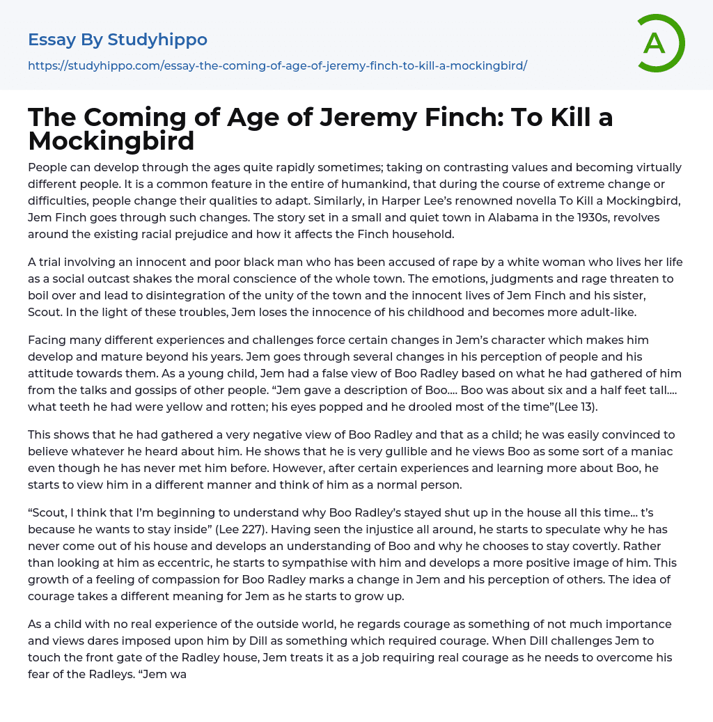 The Coming of Age of Jeremy Finch: To Kill a Mockingbird Essay Example