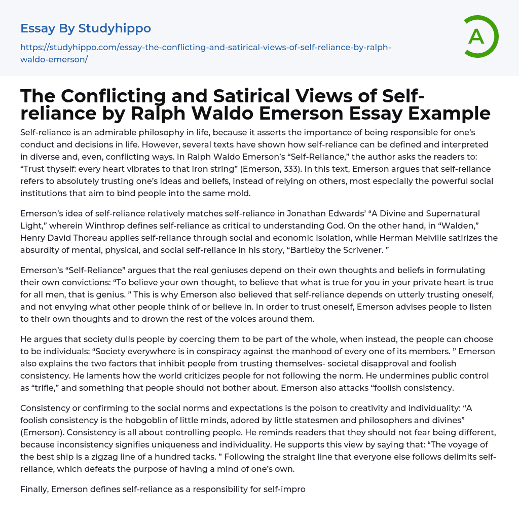 The Conflicting and Satirical Views of Self-reliance by Ralph Waldo Emerson Essay Example