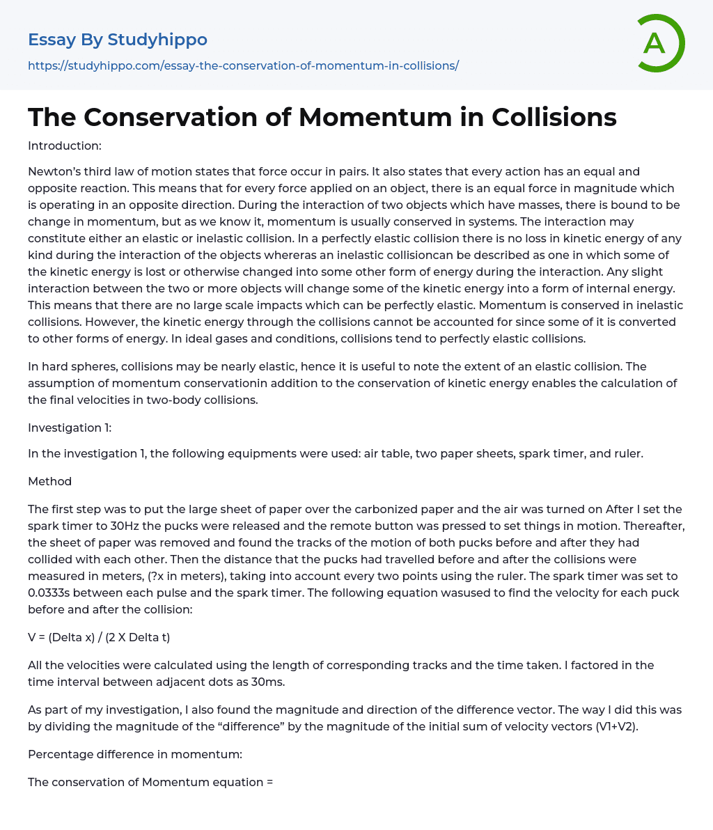 The Conservation of Momentum in Collisions Essay Example