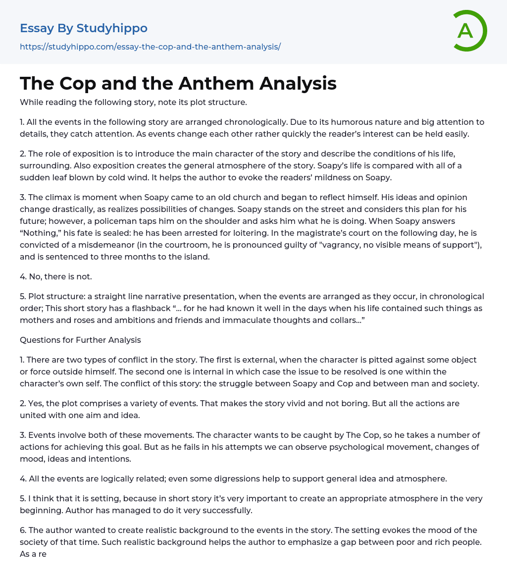 The Cop and the Anthem Analysis Essay Example