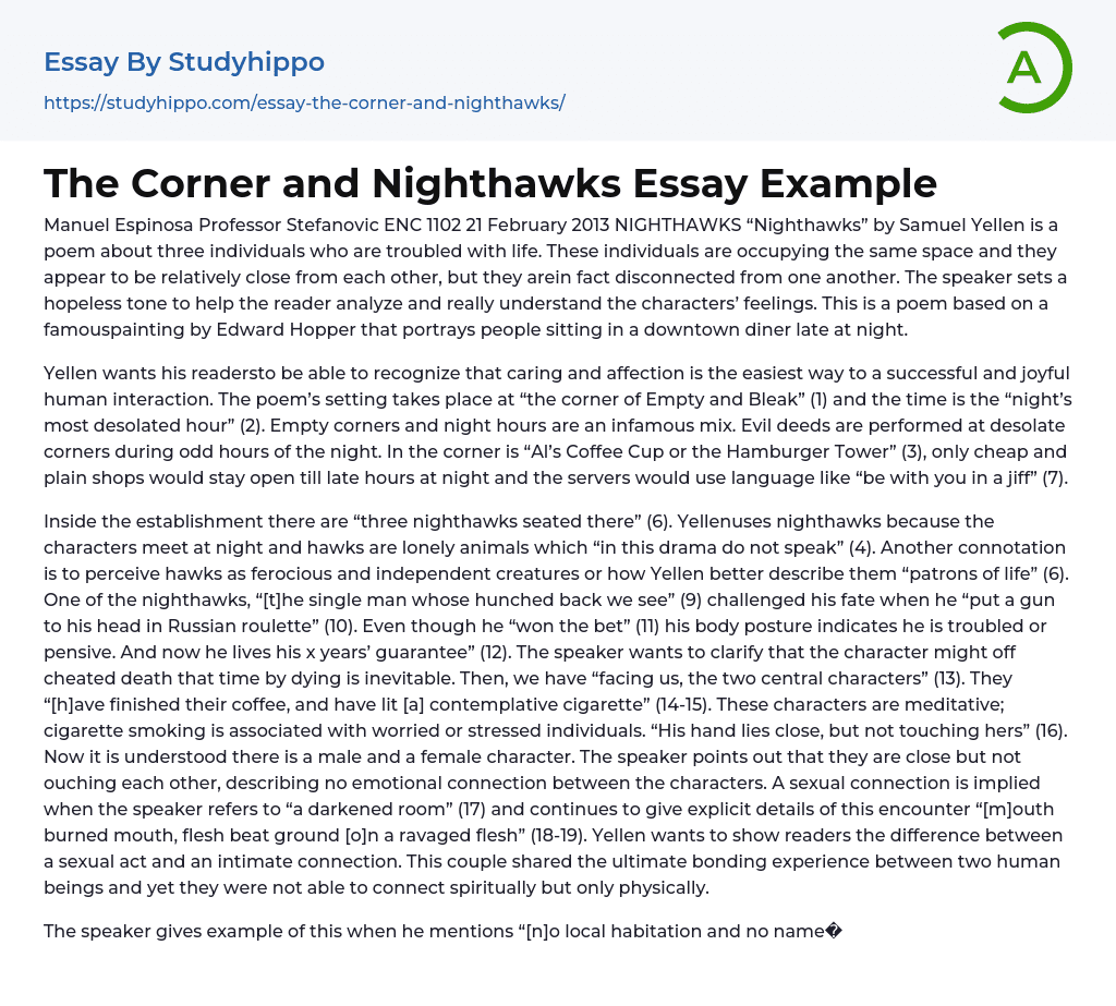 “Nighthawks” by Samuel Yellen Essay Example