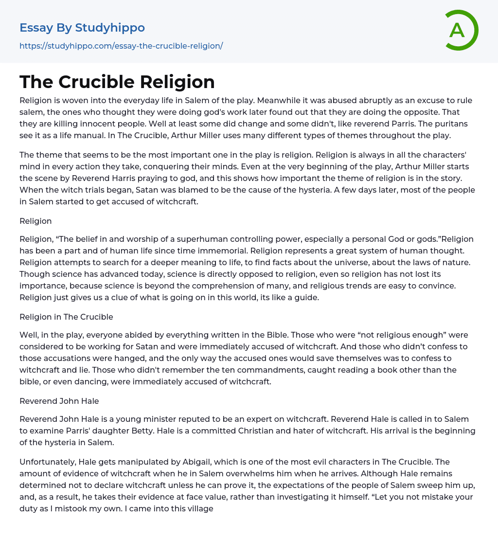 The Crucible Religion Essay Example