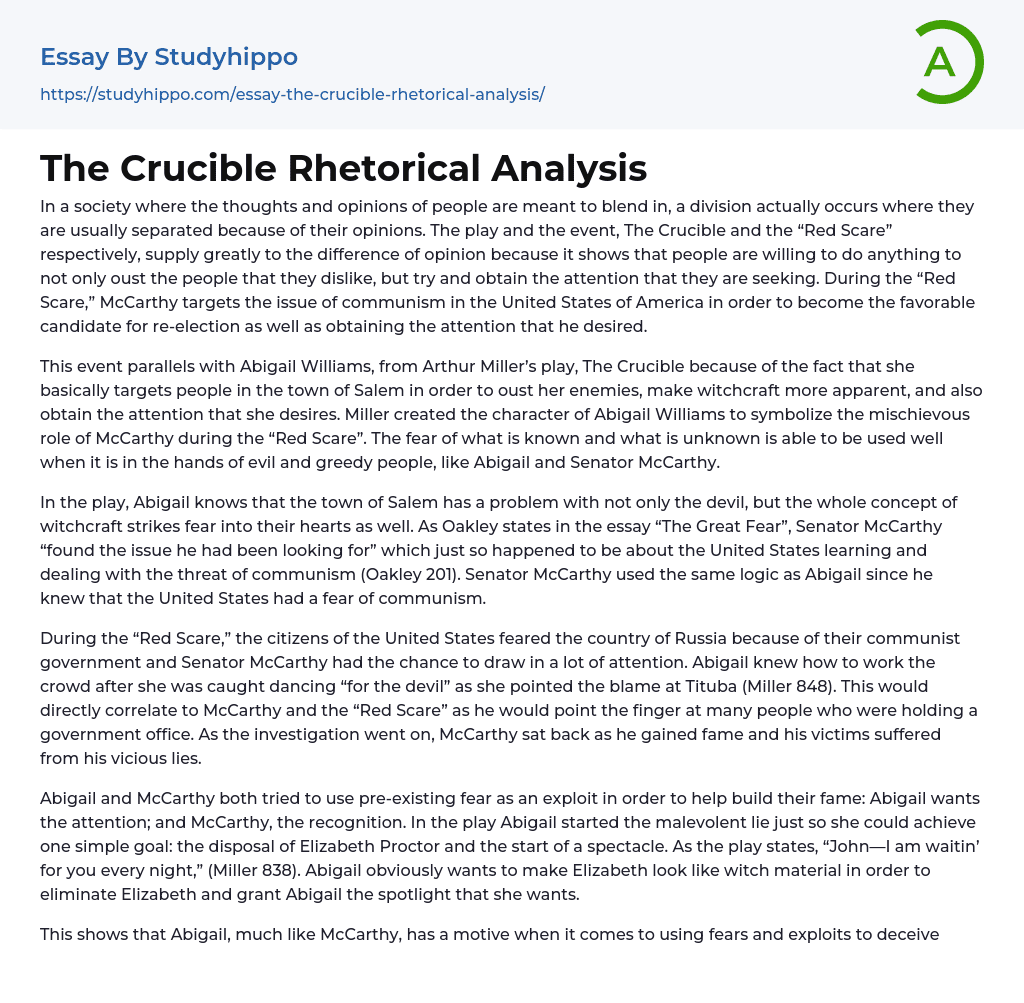 The Crucible Rhetorical Analysis Essay Example