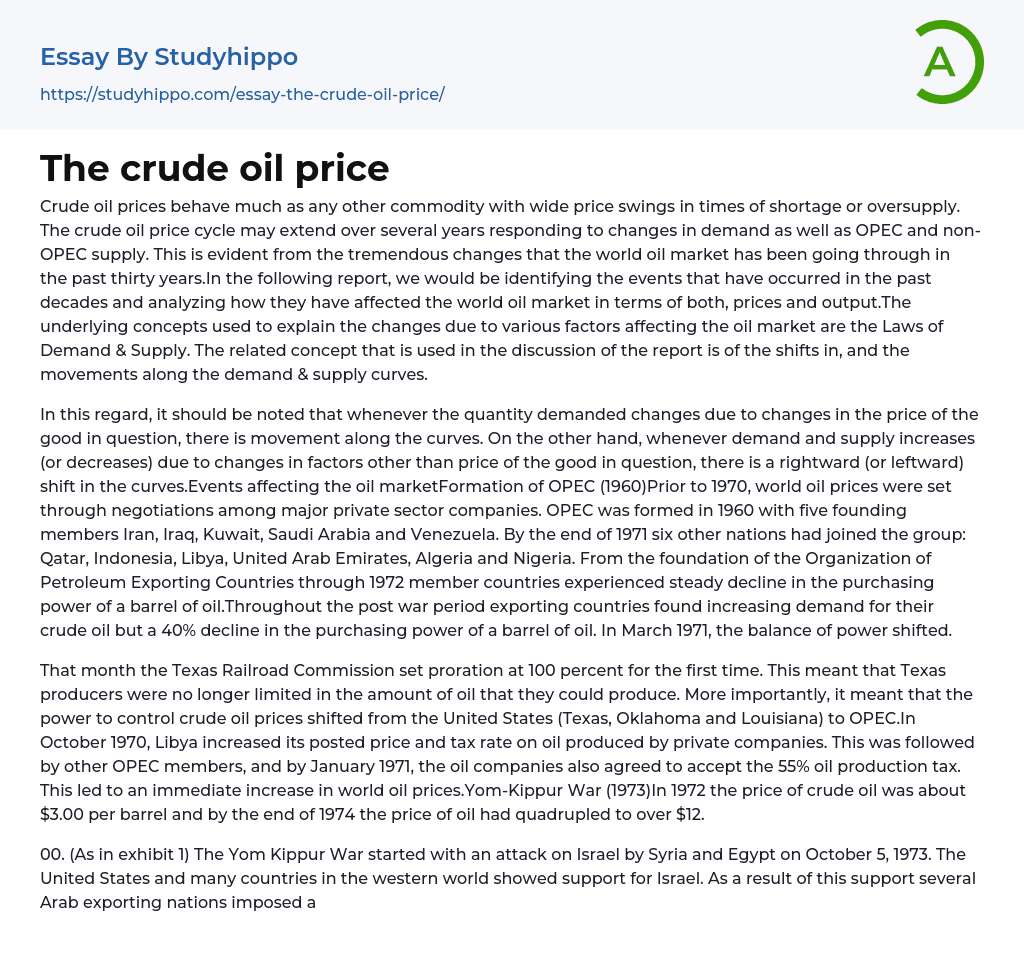 The crude oil price Essay Example