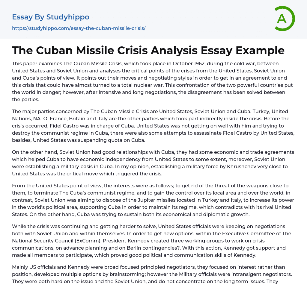 The Cuban Missile Crisis Analysis Essay Example