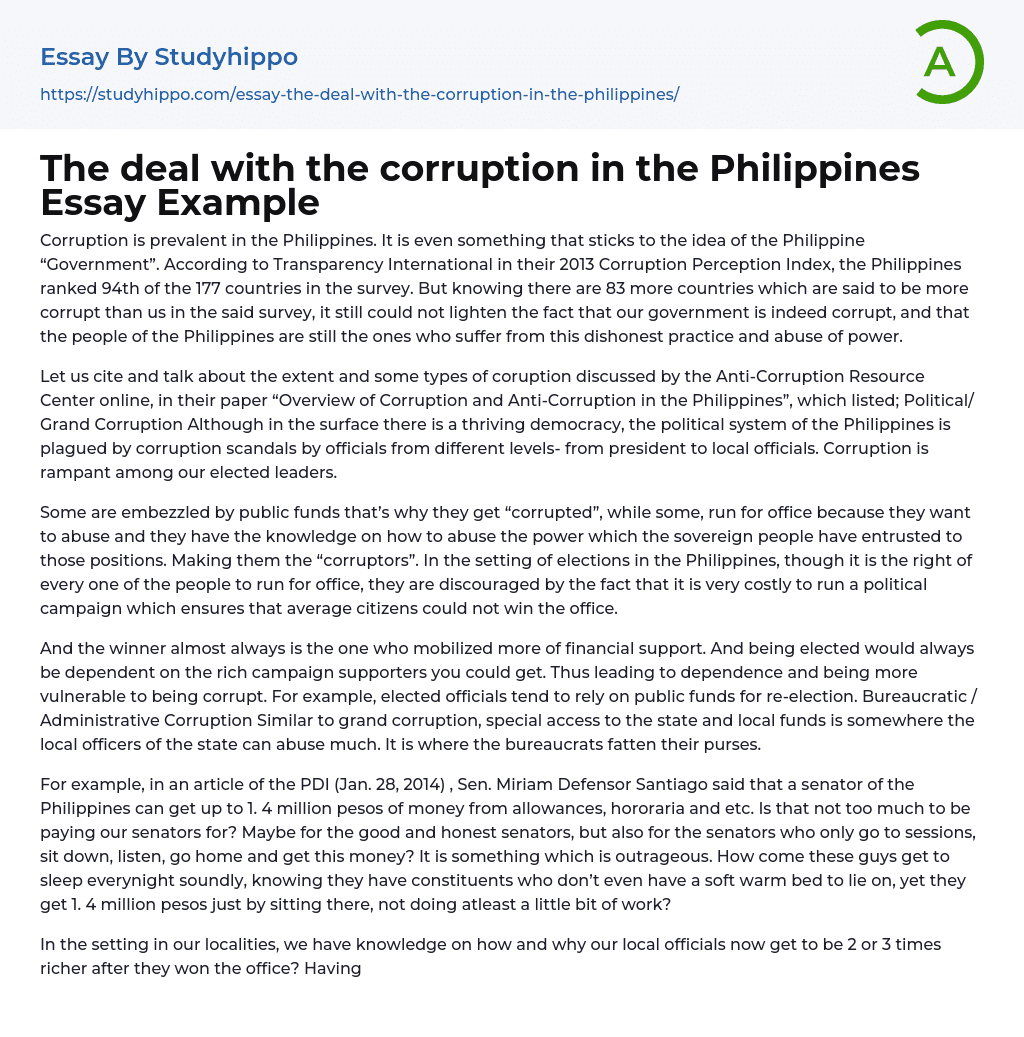 The deal with the corruption in the Philippines Essay Example