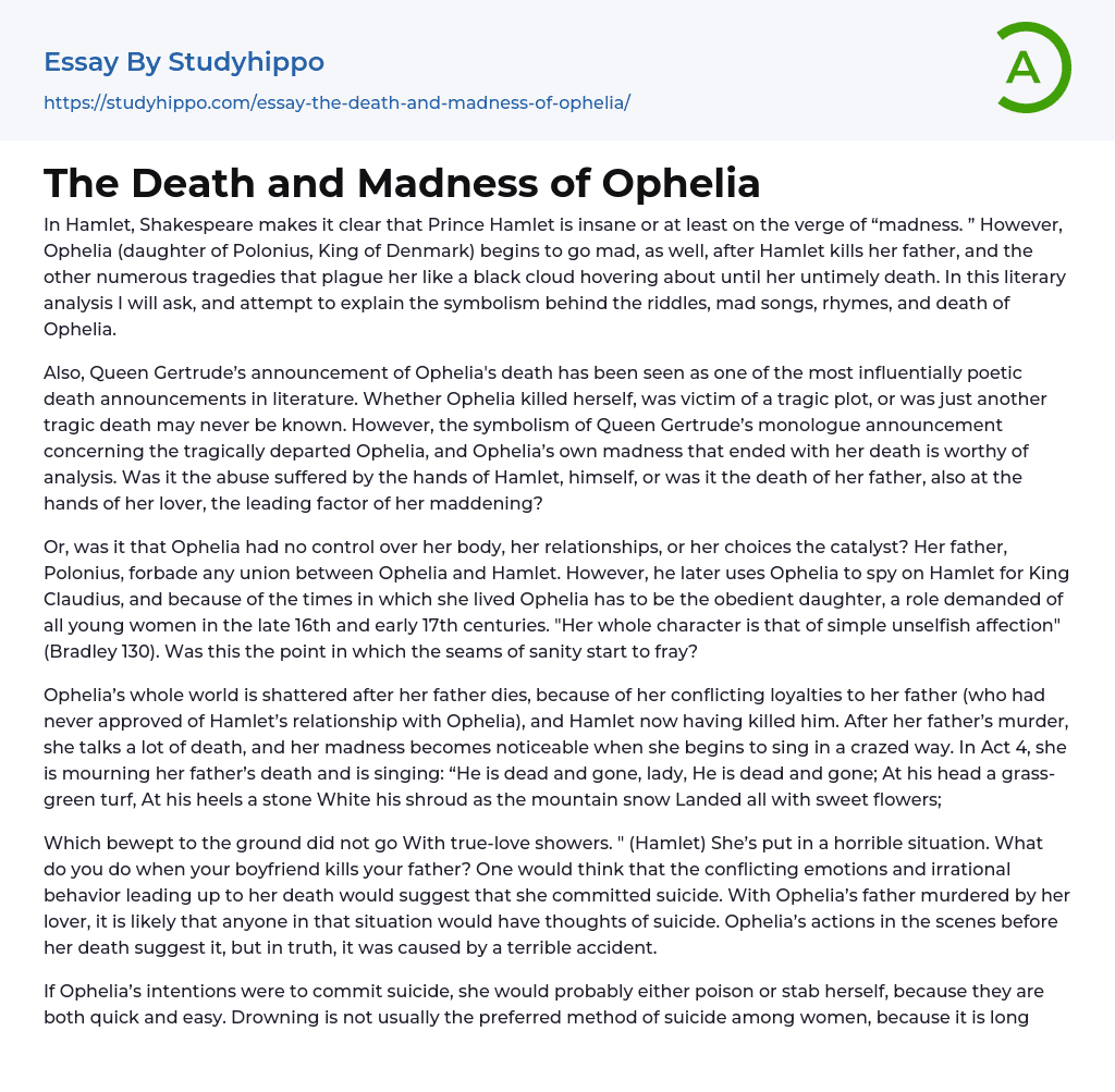 The Death and Madness of Ophelia Essay Example
