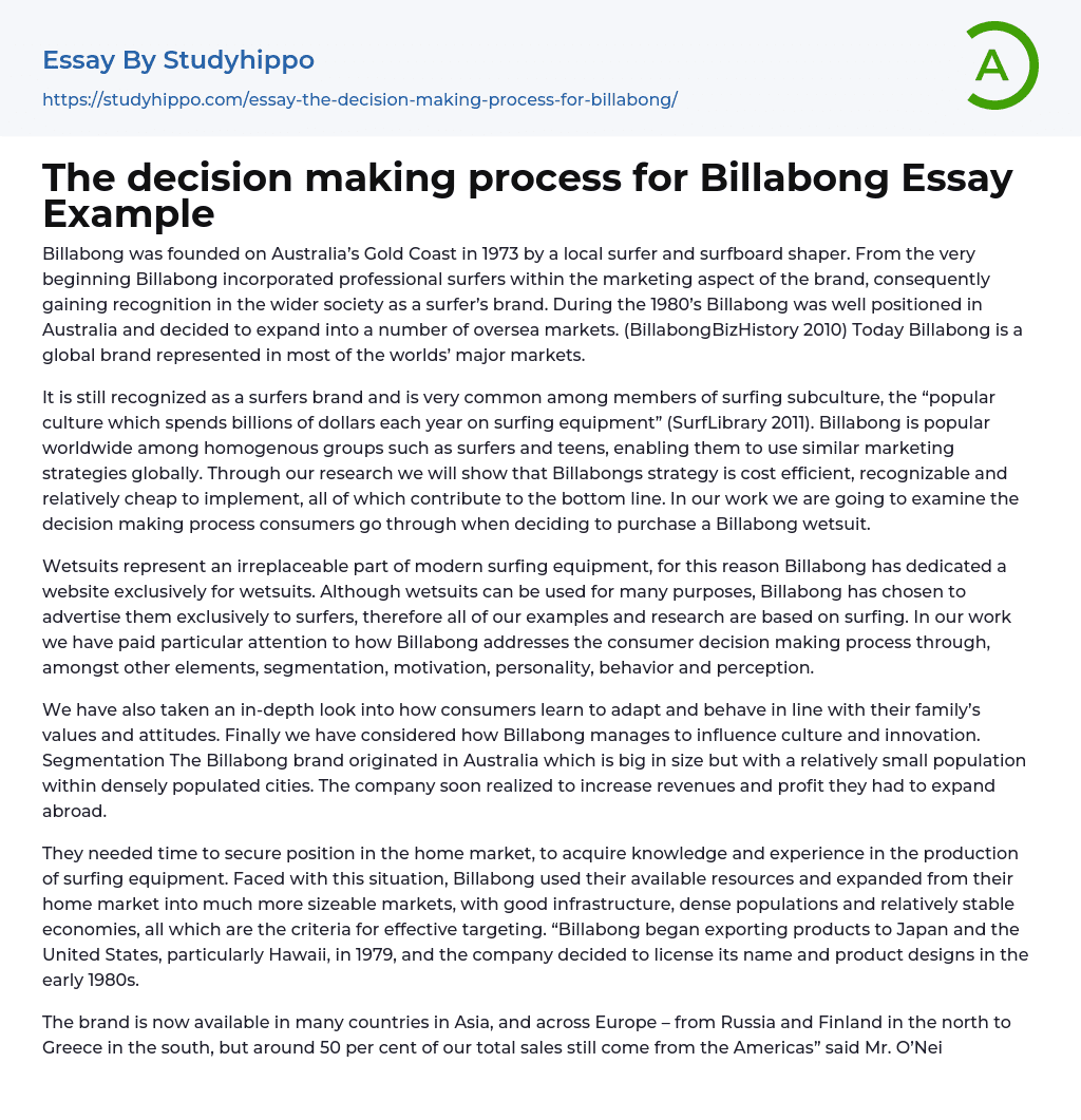 The decision making process for Billabong Essay Example