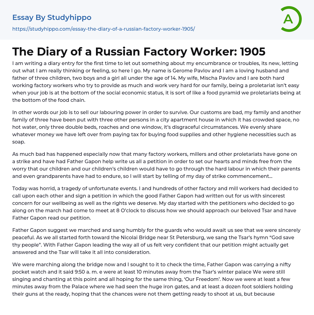 The Diary of a Russian Factory Worker: 1905 Essay Example