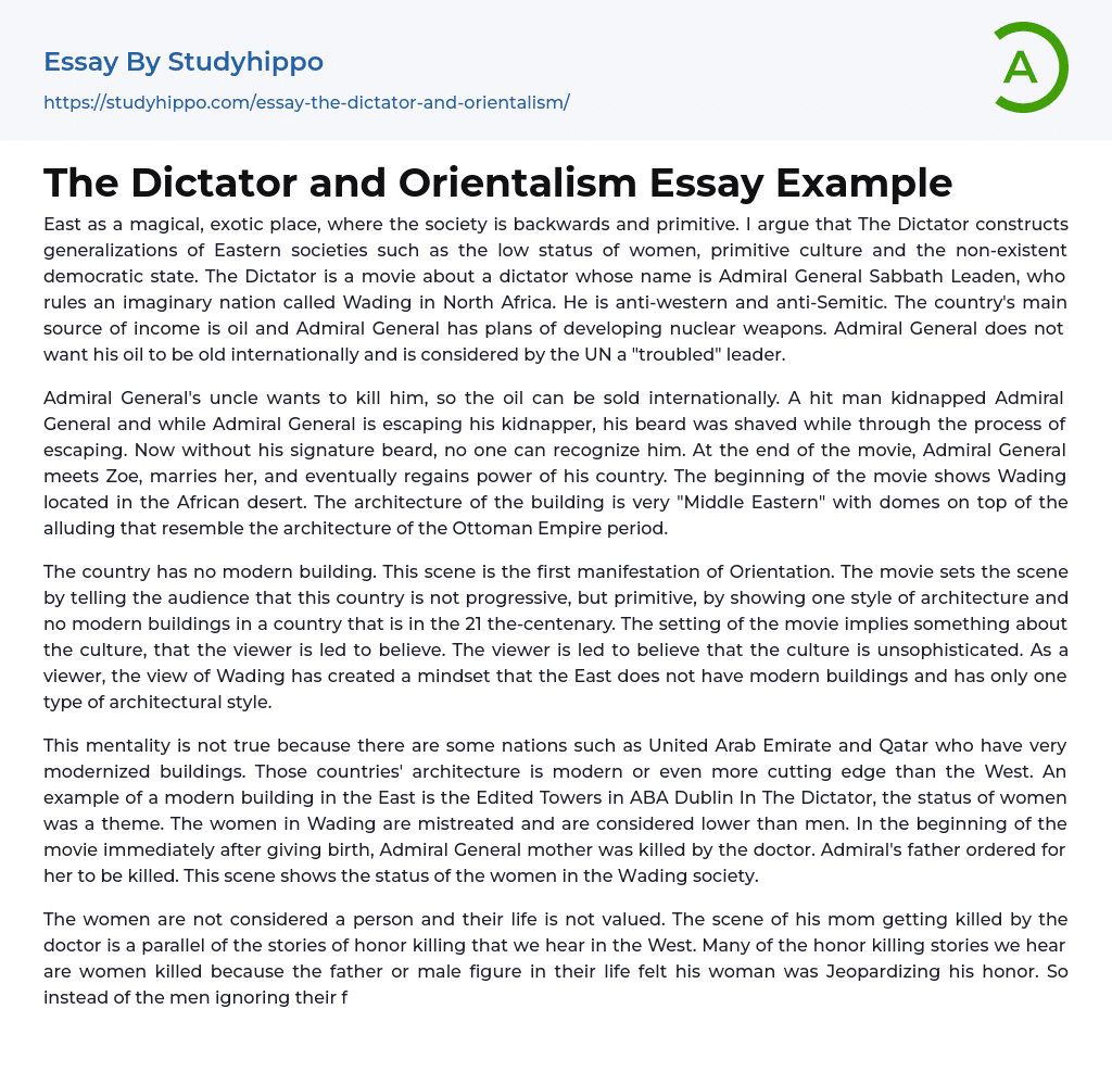 The Dictator and Orientalism Essay Example