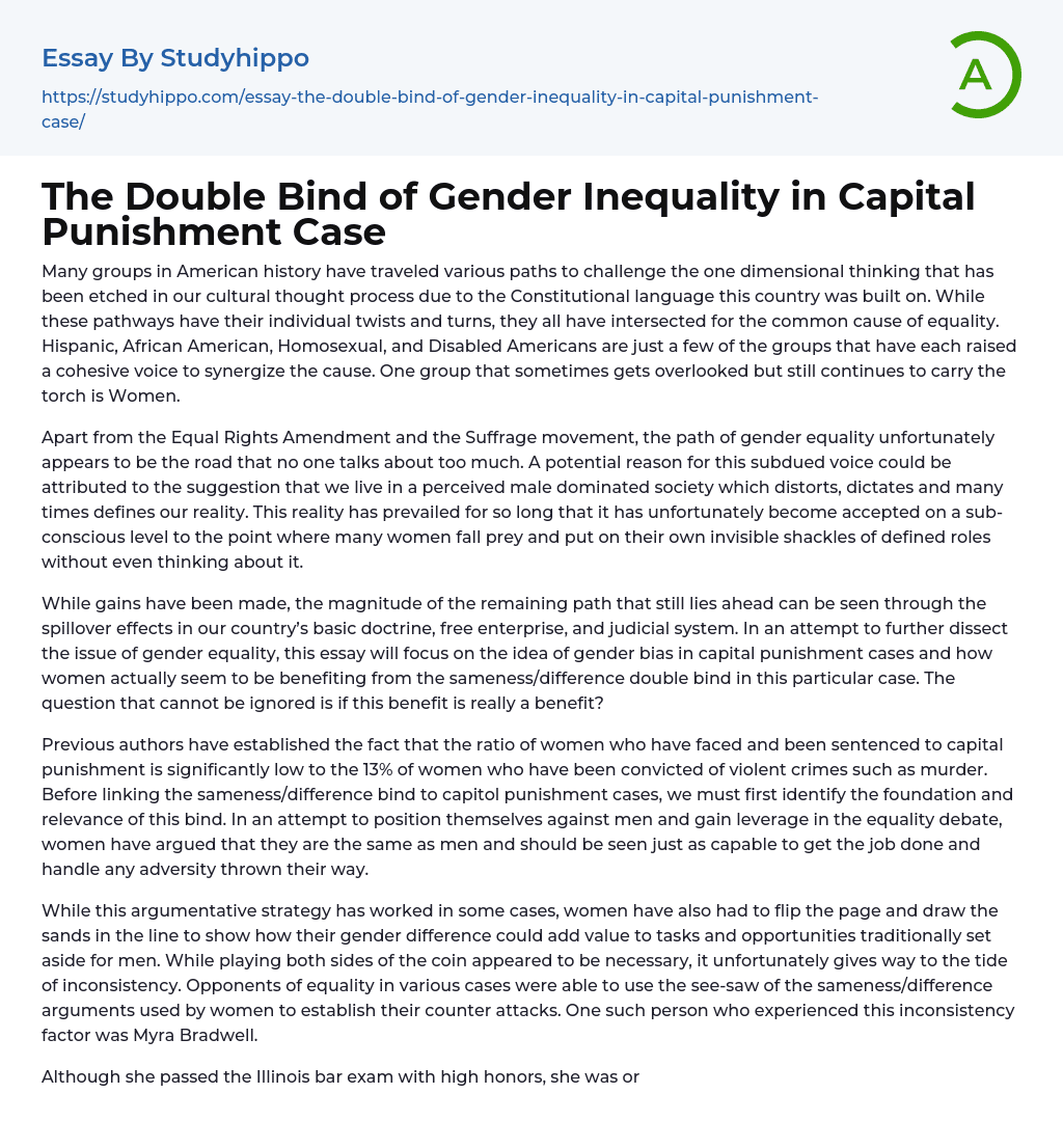 The Double Bind of Gender Inequality in Capital Punishment Case Essay Example